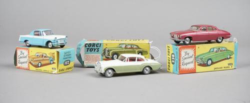 Three Corgi die-Cast vehicles, comprising; 231 Triumph Herald Coupe, 238 Jaguar Mark X and a 224 Bentley Continental sports saloon by H.J. Mulliner, b