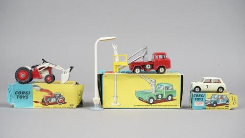 Three Corgi die-cast vehicles, comprising; Gift set No 14 Hydraulic tower wagon with lamp standard, 227 Morris mini-cooper competition model and a 53