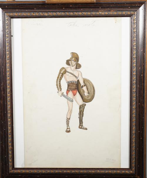 CECIL B.DEMILLE PRODUCTIONS:  a pre-production colour costume design for a gladiator, ca. 1950s, production ink stamp C.B. Demille Productions Art Dep