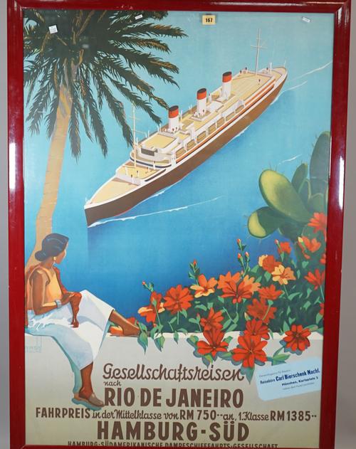 TOURISM / ADVERTISING  POSTERS:  two colour lithographs, including a tourism poster for Hamburg South America Line, ca. 1960s, Rio de Janeiro, pasted
