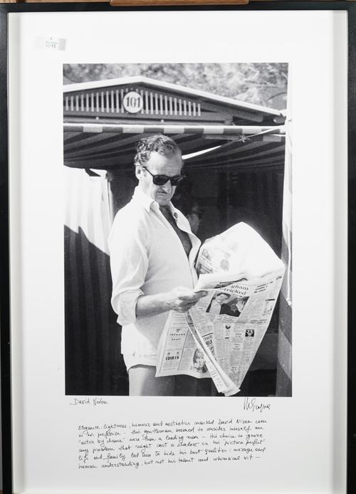 MARINA CICOGNA  (1933 - )  DAVID NIVEN AT THE VENICE LIDO, ca. 1960s:  a limited edition, gelatin silver print, titled, annotated beneath and signed b