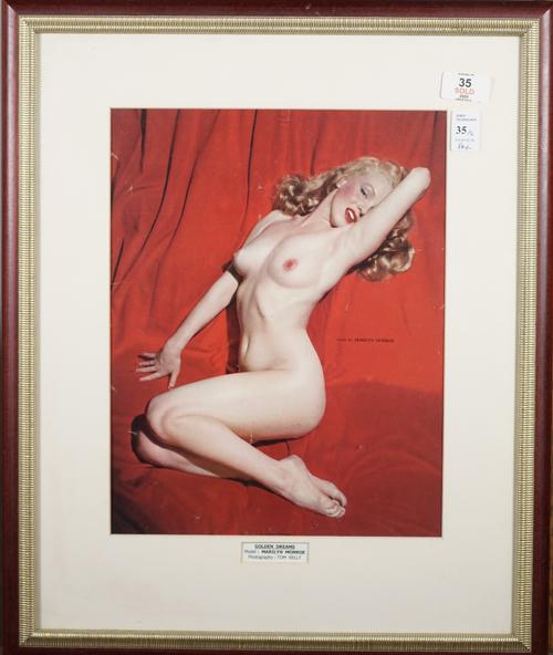 TOM KELLEY  (1914 - 1984)  MARILYN MONROE, 'GOLDEN DREAMS', ca. 1949:  a colour nude portrait photograph of Marilyn Monroe on red velvet, ca. 1949, ti