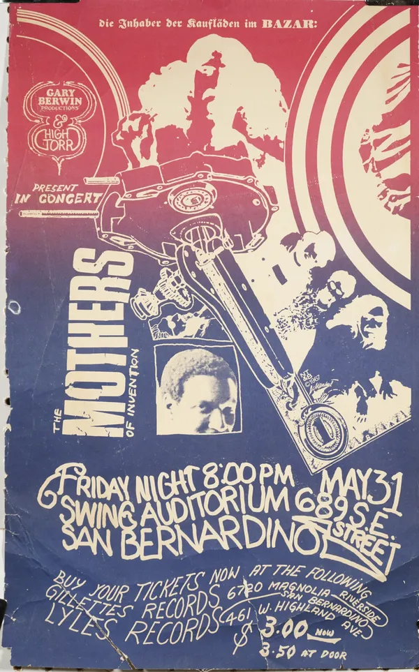 MOTHERS OF INVENTION, CONCERT POSTER, 1968:  a colour concert poster for Frank Zappa's American rock band performing at Swing Auditorium, San Bernardi