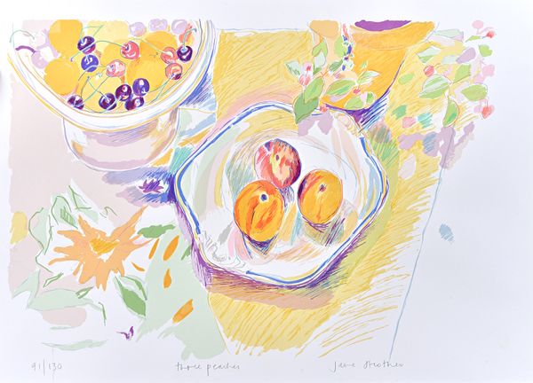 A group of three 20th century prints, including Jane Strother, Three Peaches, colour lithograph; David Meldrum, Chickens and Chloe Cheese, 'Yellow and