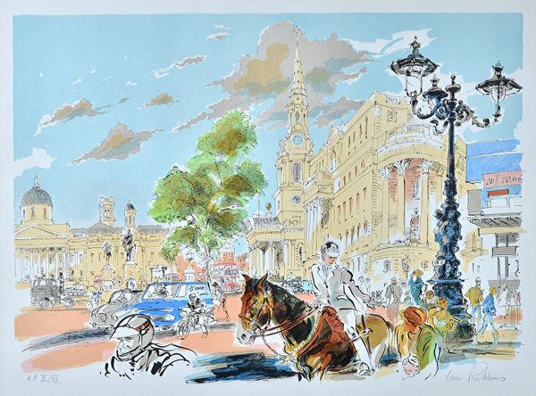 Ian Ribbons (b.1924), Trafalgar Square; Lower Grosvenor Gardens, London, a pair of colour lithographs, signed and numbered, each 52cm x 70cm.(2) ARR