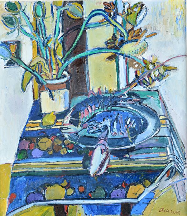 John Watson (20th century), Fresh lobsters and dead artichokes, oil on canvas, signed and dated '89, signed, inscribed and dated on reverse, 94.5cm x