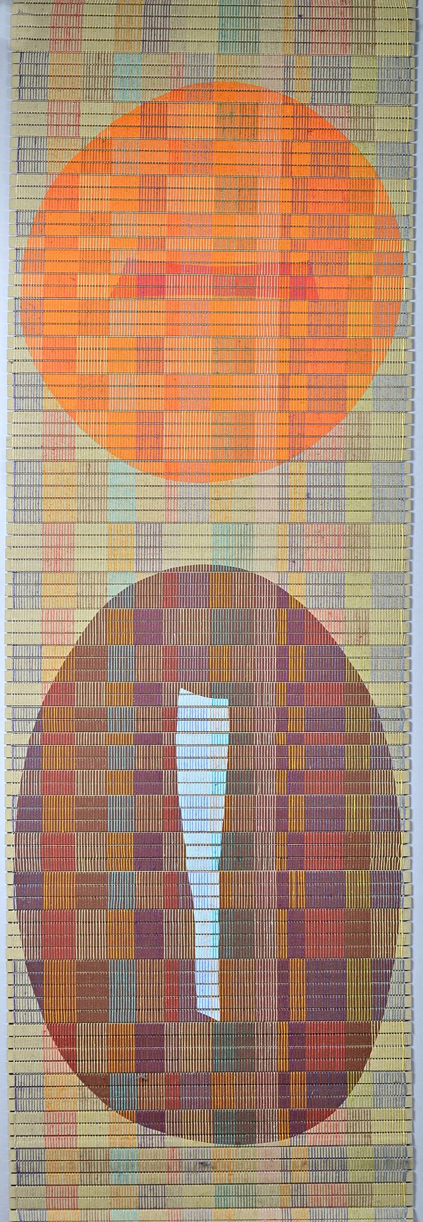 British School, (20th century), Abstracts, a group of six mixed media and stitched wooden slats wall hangings, each 174cm x 57cm, (6)