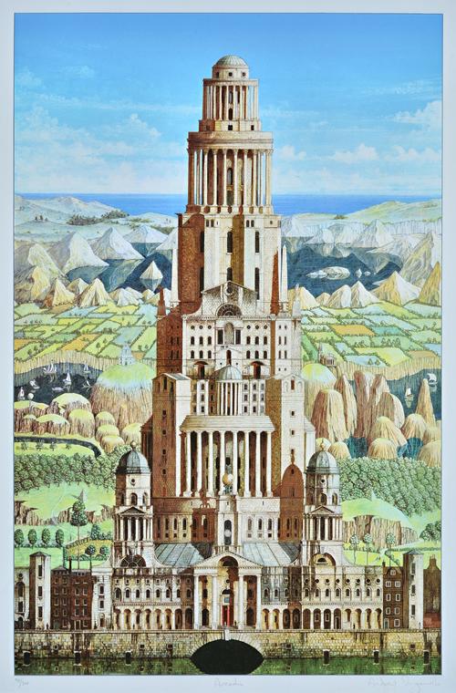 Andrew Ingamells (b, 1956), St Anne Limehouse; The Monument, City of London; Arcadia; At Castle Howard; St Martin in the Fields, a group of four colou