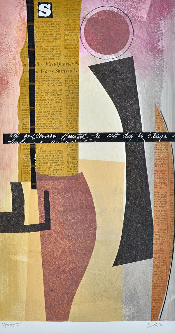 S Hile (contemporary), Literary II; Literary III; Literary IV; Literary V, a set of four collage and mixed media, all signed and inscribed, each 46cm