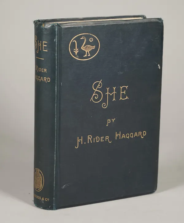 RIDER HAGGARD, Henry (1856-1925).  She. A History of Adventure. London: Longmans, Green, and Co., 1887. 8vo (190 x 125mm). Half title, double coloured