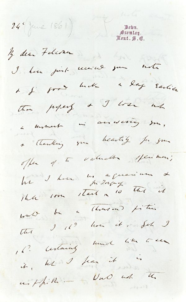 DARWIN, Charles (1809-82).  An autograph letter, signed, to Hugh Falconer, three-pages, on paper with printed heading "Down, Bromley, Kent, S.E.", dat