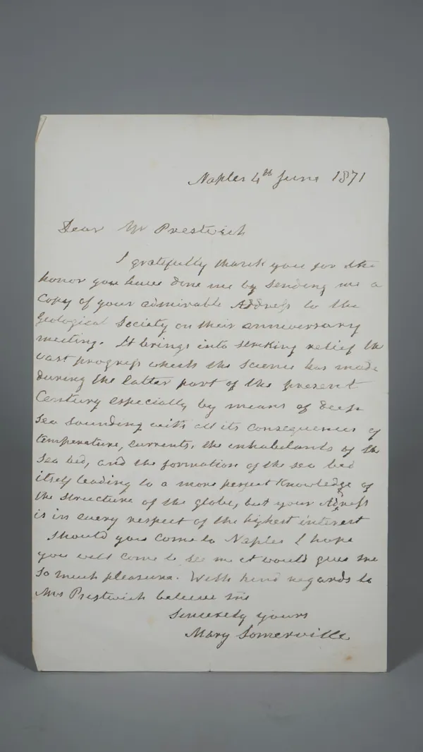 SOMERVILLE, Mary (1780-1872). Three autograph letters comprising: 1) An important autograph letter to Hugh Falconer, signed, three-pages (on mourning