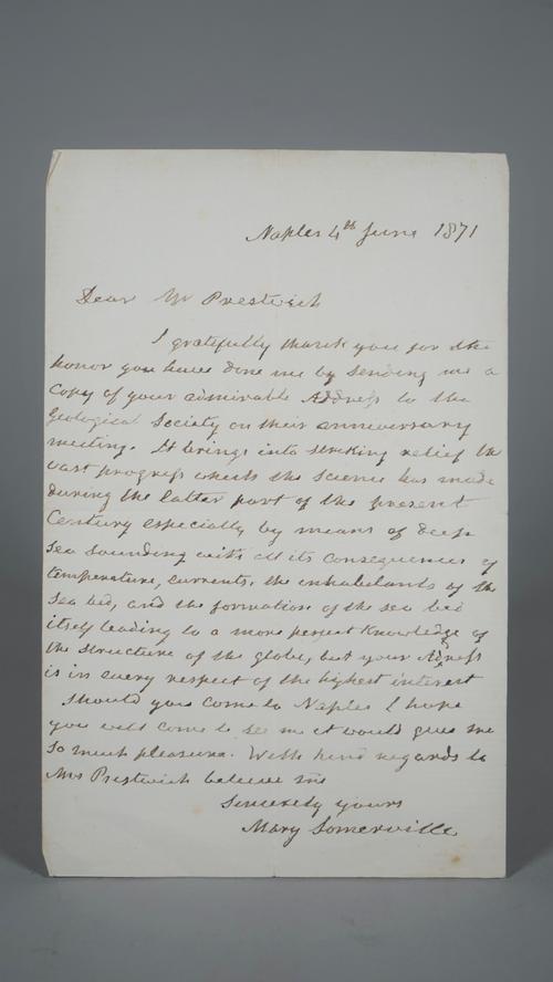 SOMERVILLE, Mary (1780-1872). Three autograph letters comprising: 1) An important autograph letter to Hugh Falconer, signed, three-pages (on mourning