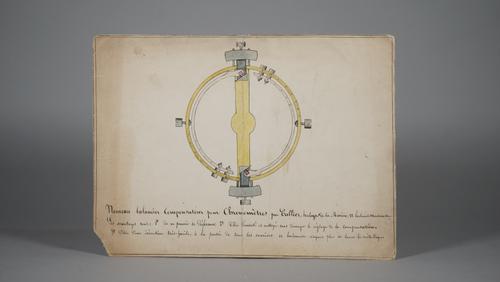 CHRONOMETERS - Bernard CALLIER (1820-1908). Pen, ink and watercolour drawing of a new watch mechanism by Bernard Callier, inscribed "Nouveau balancier