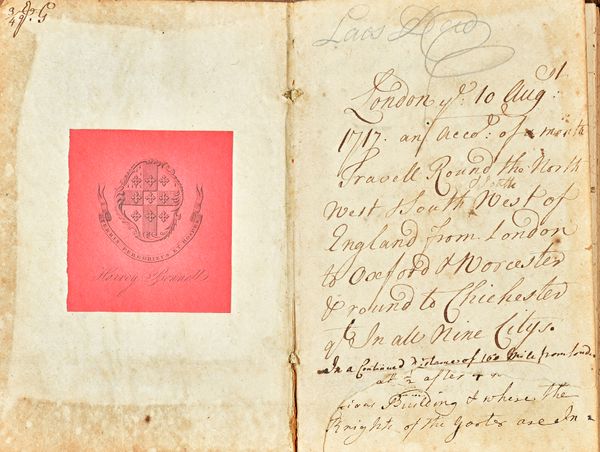 BONNELL, James (1697-1774).  A fine manuscript journal of travels in England between 10 August and [?]2 September 1717, titled: "An Account of a month