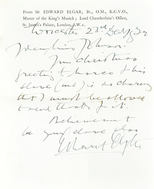 ELGAR, Edward, Sir (1857-1934).  A series of eight autograph letters, signed, written between 28th October 1932 and 25th August 1933 to the soprano Do