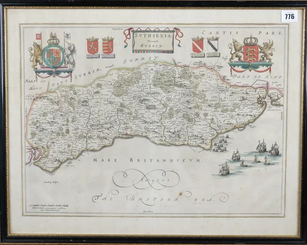 SUSSEX - [Johannes BLAEU (1596-1673)].  Suthsexia, vernacule Sussex. [Amsterdam: c. 1645 or later]. Hand-coloured engraved map, coats-of-arms, galleon