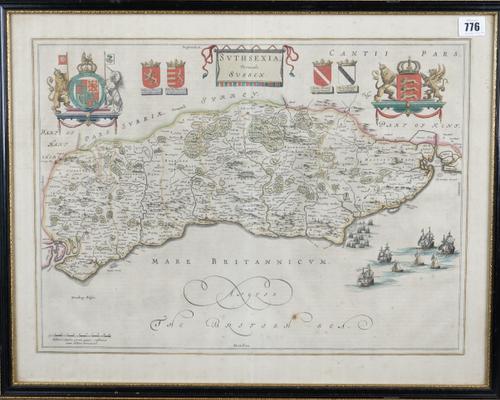 SUSSEX - [Johannes BLAEU (1596-1673)].  Suthsexia, vernacule Sussex. [Amsterdam: c. 1645 or later]. Hand-coloured engraved map, coats-of-arms, galleon