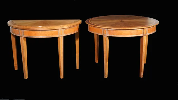 Linley, a pair of modern demi-lune foldover tables on tapering square supports, 110cm wide x 79cm high, (2).