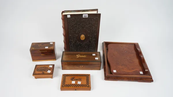 A modern wooden bound photograph album in the form of a leather bound book, 32.5cm high, a Victorian visiting card box titled 'Visites', 16cm wide, an