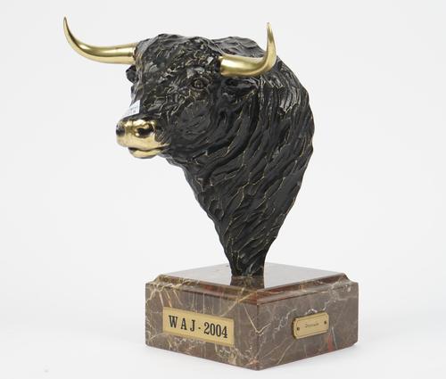 A modern bronze bust of a bull, signed 'SOHER' limited edition 200/300, on a stepped square marble base, with titled plaque 'WAJ 2004', 30cm high.