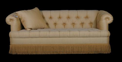 Lewis Mittman, a pair of 20th century gold button upholstered three seater sofas with roll over arms, 210cm wide x 80cm high and four accompanying sca