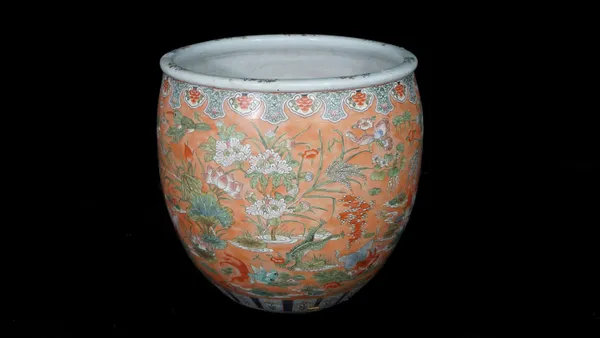 Asian interest, a large 20th century ceramic fish bowl jardiniere decorated with birds and insects amongst flowers, 60cm wide x 58cm high.
