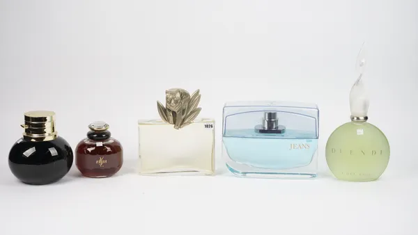 Five large perfume bottles for advertising purposes, comprising; 'Duende', 'Trussardi Jeans', 'YSL', 'Dupont' and 'Kenya', the tallest 44cm high, (5).
