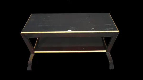 A modern black lacquer and parcel gilt rectangular two tier coffee table, 111cm wide x 51cm high.