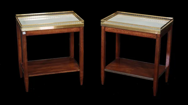 A pair of mahogany and marble topped side tables with brass galleried tops, 45cm wide x 50cm high.