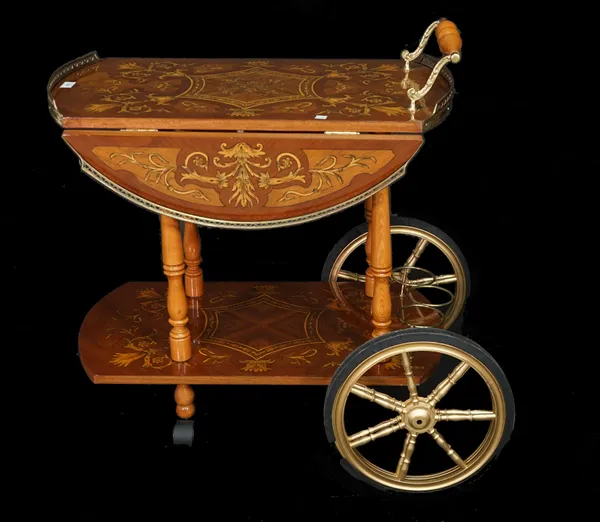 A modern inlaid mahogany two tier drop flap serving trolley, 74cm wide x 80cm high.