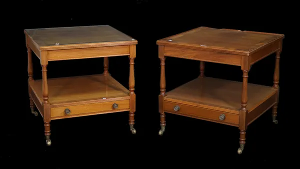 Martin J Dodge; a pair of stained beech two tier square side tables with single drawer to undertier, 61cm wide x 63cm high.