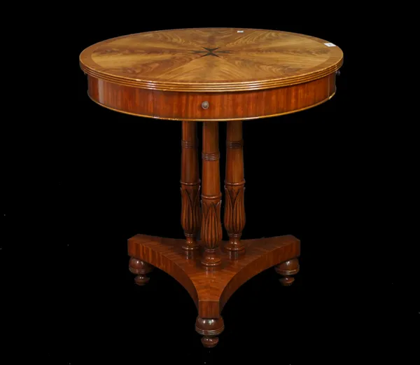 A pair of Regency style mahogany circular centre tables with four drawers on trefoil base, 66cm wide x 70cm high.