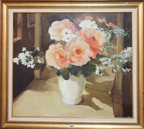 Ruth Squibb (1928-2012), Still life of roses, oil on board, signed, 72cm x 81cm.