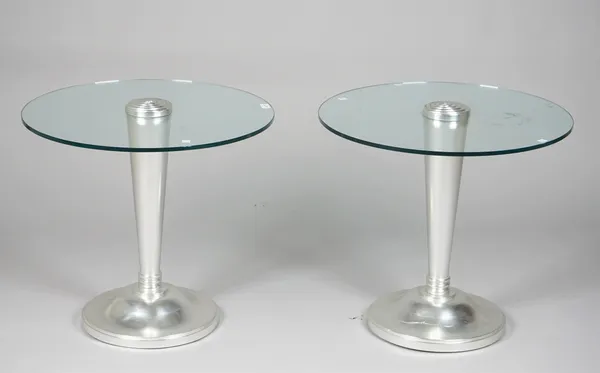A pair of modern chrome and circular glass occasional tables on tapering column and circular plinth, 61cm diameter x 55cm high, (2).