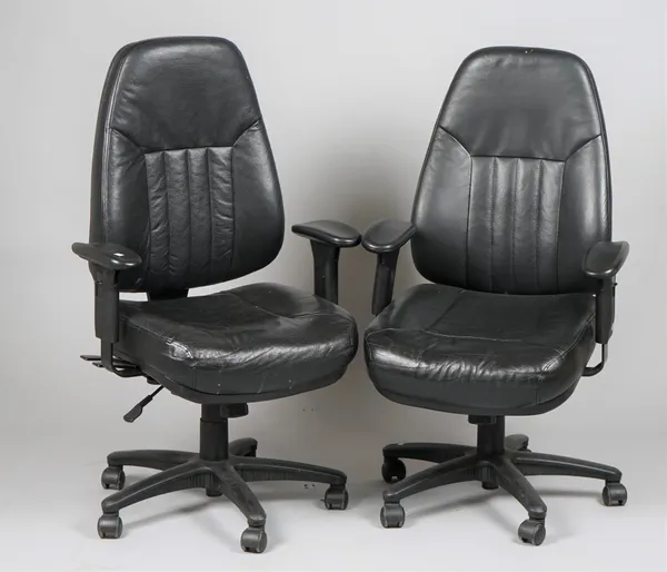A pair of modern office adjustable armchairs, 69cm wide x 120cm high, (2).