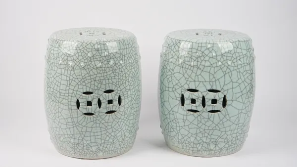A pair of modern turquoise glazed Chinese barrel seats, 39cm high.