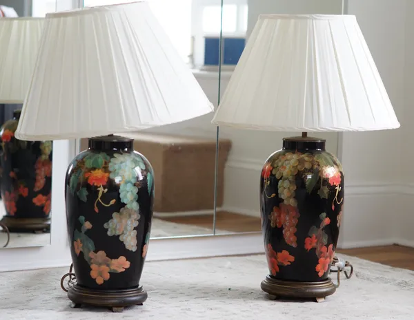 A pair of decoupage effect lamps, 69cm high, (with shades).