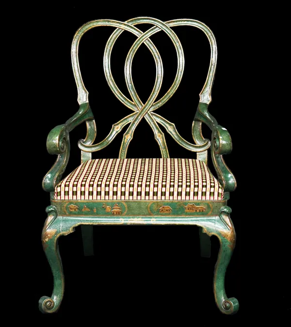 Rose Tarlow; a pair of modern green chinoiserie decorated open armchairs on cabriole supports, 68cm wide x 105cm high, (2).