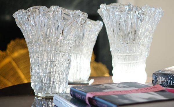 A group of three Whitefriars style glass vases, the tallest 35cm high.