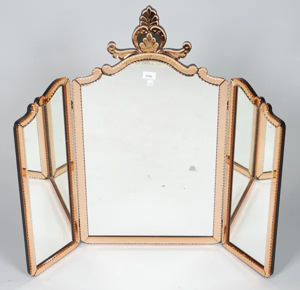 A Venetian style triptych dressing table mirror with amber coloured glass border, 88cm wide x 80cm high.