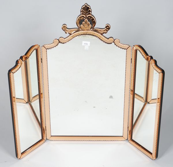 A Venetian style triptych dressing table mirror with amber coloured glass border, 88cm wide x 80cm high.