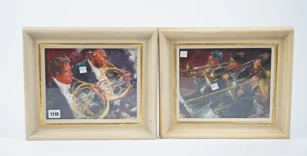 Jonathan Trowell, Trombones and it's companion horns, oil on board, signed, 19cm x 24cm.