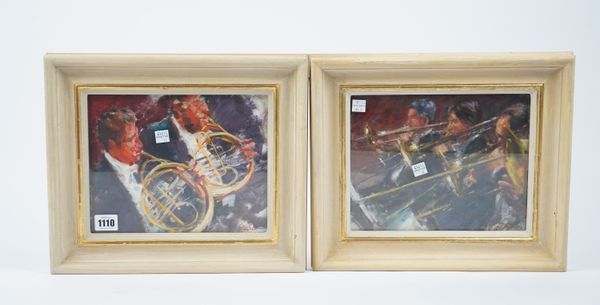 Jonathan Trowell, Trombones and it's companion horns, oil on board, signed, 19cm x 24cm.