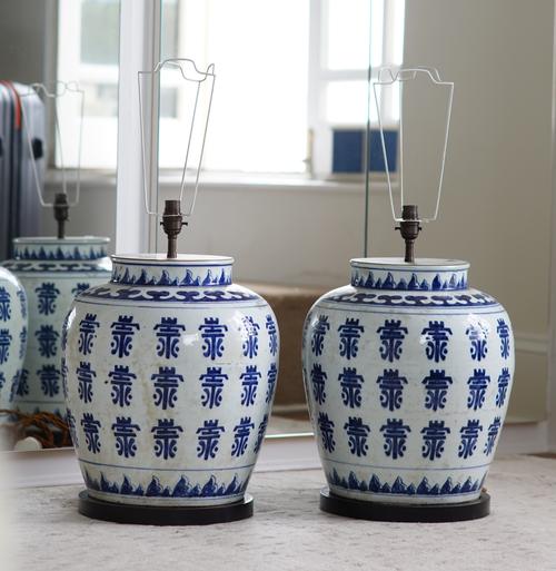 A pair of South East Asian modern blue and white baluster lamps, 47cm high.
