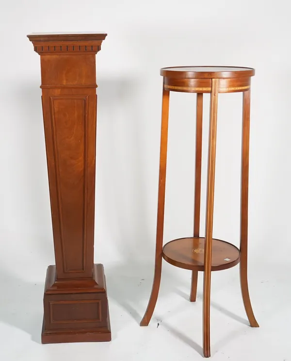 A Regency style mahogany jardiniere stand of tapering form, 26cm wide x 113cm high, and an Edwardian inlaid mahogany two tier jardiniere stand, 33cm d