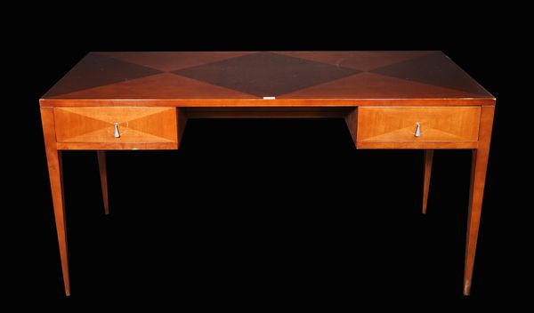 A modern mahogany writing desk, with two drawers about the knee on tapering square supports, 152cm wide x 77cm high.