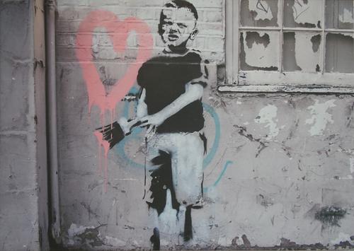 After Banksy, boy with paintbrush, a photoprint on canvas, 83cm x 117cm.