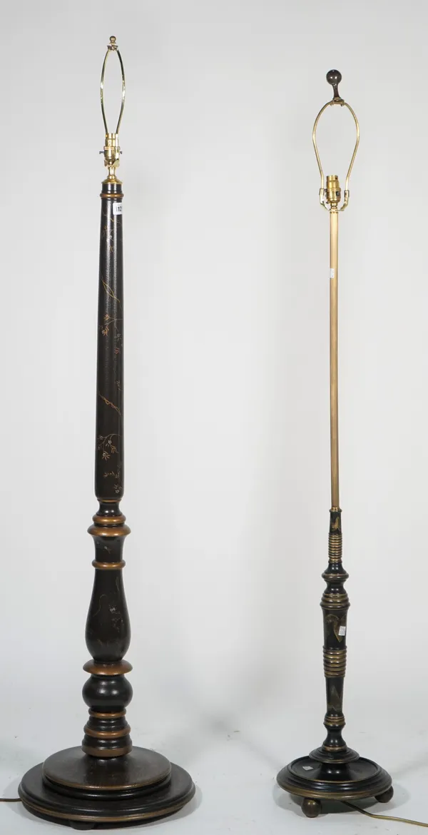 A modern chinoiserie decorated standard lamp on tapering turned column, 152cm high, and another similar standard lamp, 145cm high, (2).