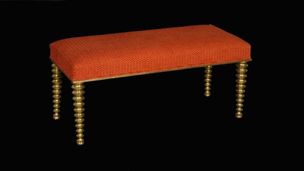 A modern rectangular footstool on giltwood bobbin turned supports, 107cm wide x 47cm high, (a.f.).